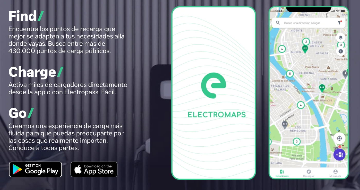 Captura de pantalla de la aplicación móvil Electromaps mostrando puntos de carga