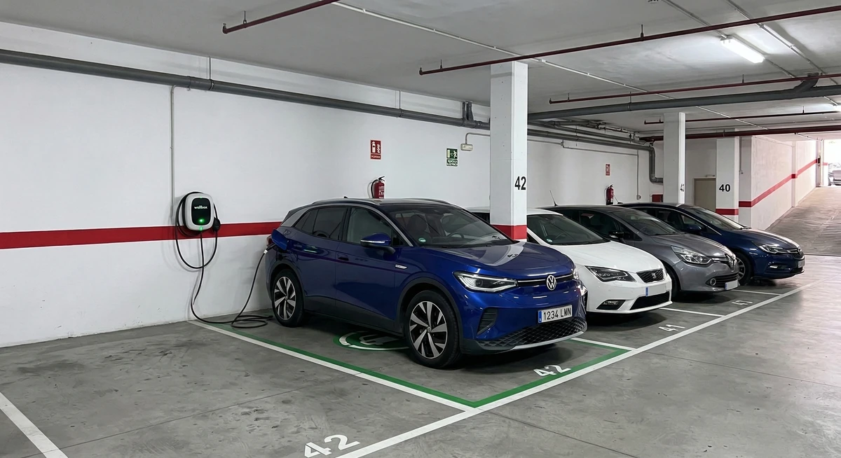 Coche eléctrico cargando en wallbox en parquing comunitario