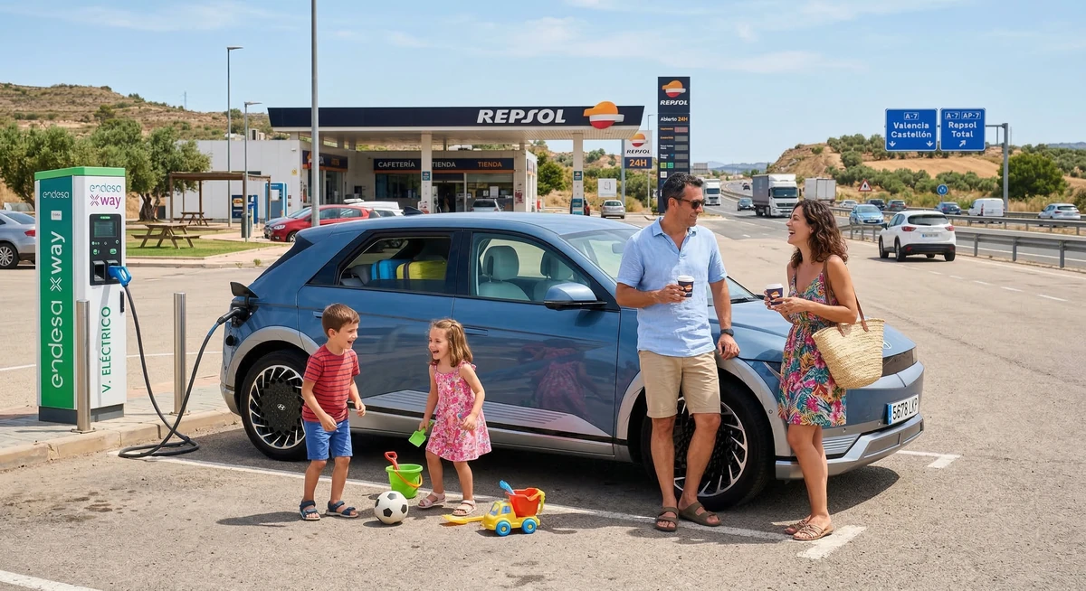 Parando con la família para cargar el coche eléctrico en una auotpista Española