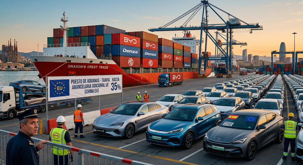 Coches eléctricos de marcas chinas como BYD llegando a un puerto europeo con controles aduaneros por aranceles