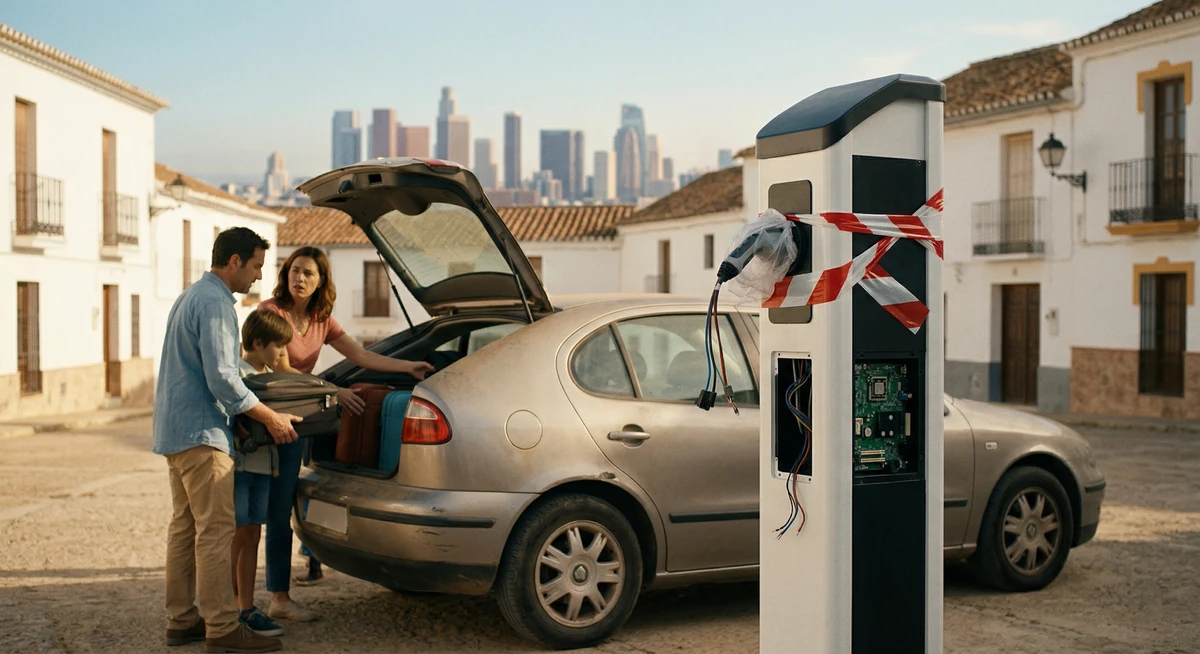 Familia española con un coche de combustión antiguo en un pueblo, junto a un cargador eléctrico inoperativo