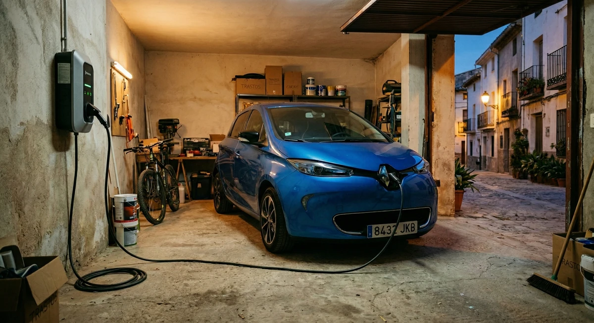 Coche eléctrico compacto cargando en un garaje residencial en España al anochecer
