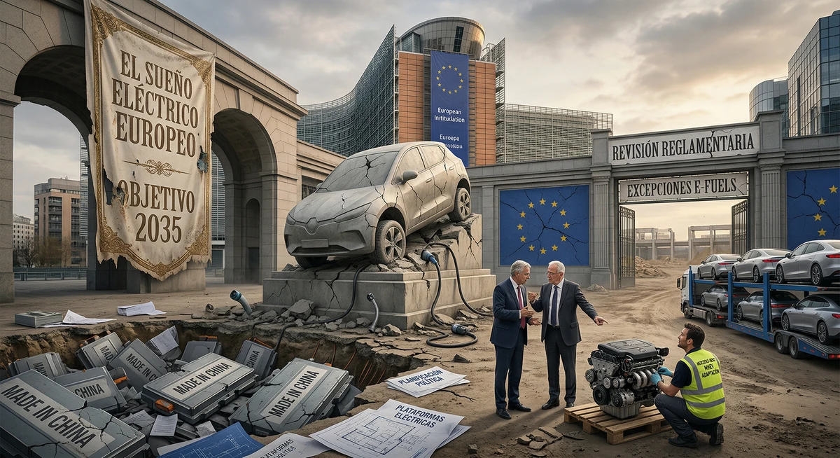 Escultura rota de un coche eléctrico frente a un edificio de la UE