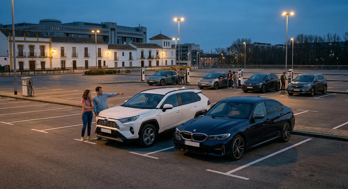 Vehículos Toyota y BMW aparcados, contrastando con la carga masiva de coches eléctricos en el fondo