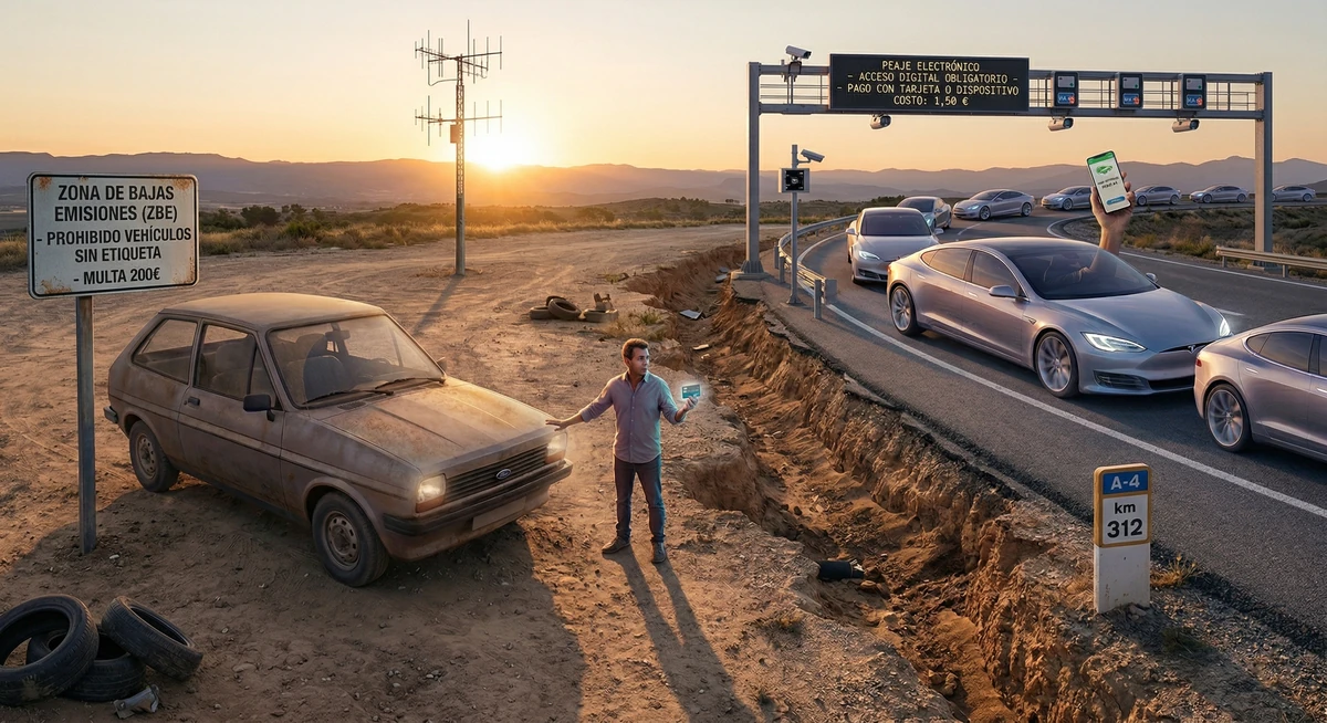 Conductor español parado entre su utilitario de combustión bloqueado por las zonas de bajas emisiones y los nuevos vehículos eléctricos