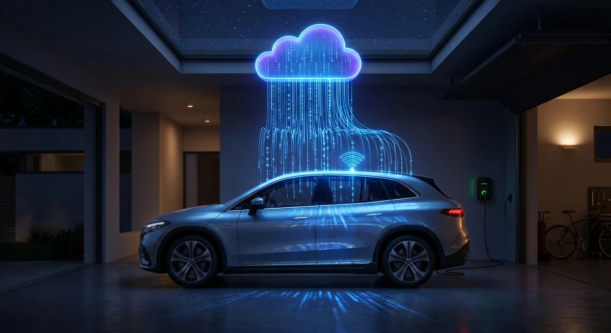 Representación conceptual de un coche eléctrico recibiendo una actualización de software inalámbrica (OTA) en un garaje privado.