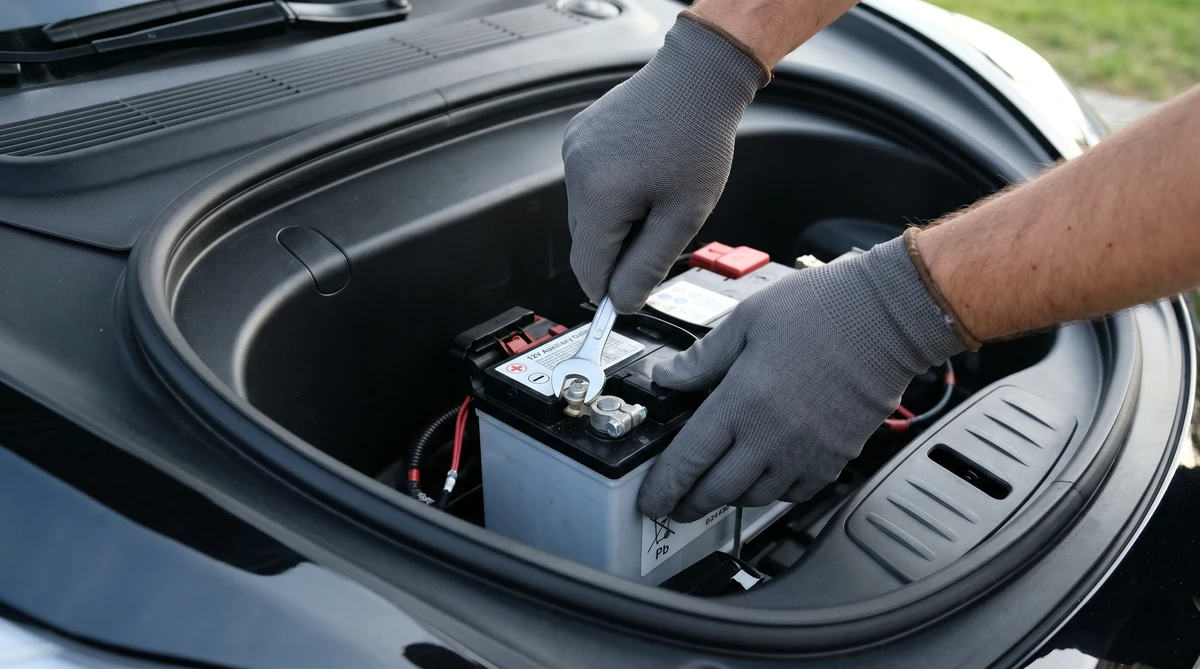 Detalle de manos con guantes desconectando el terminal negativo de la batería auxiliar de 12V en el frunk de un coche eléctrico.