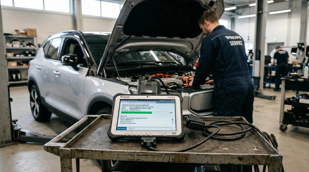 Mecanico revisando los ECU de un coche eléctrico