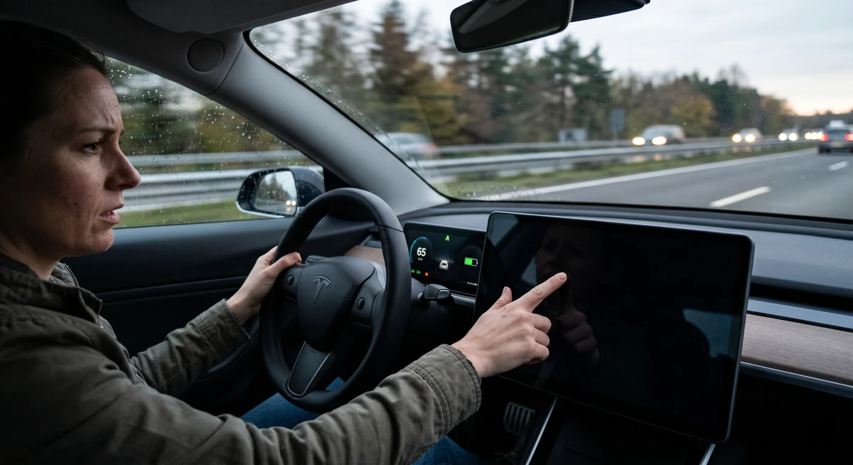 Conductor intentando interactuar con la pantalla central de un coche eléctrico que se ha quedado bloqueada o en negro durante la conducción.