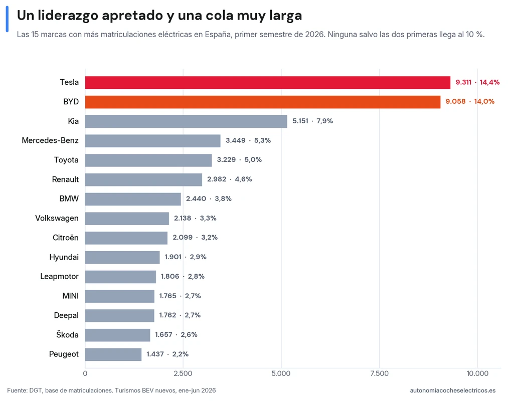 Las 15 marcas con más matriculaciones eléctricas en España en el primer semestre de 2026: Tesla (9.311) y BYD (9.058) en cabeza, seguidas de Kia con 5.151; ninguna otra llega al 10%