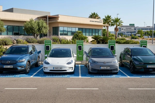 Company electric cars of various types and colors charging in reserved spaces at a Spanish business park