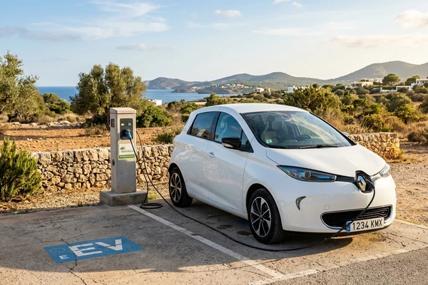Compact electric rental car with Spanish plates charging in an outdoor parking lot on a Mediterranean island