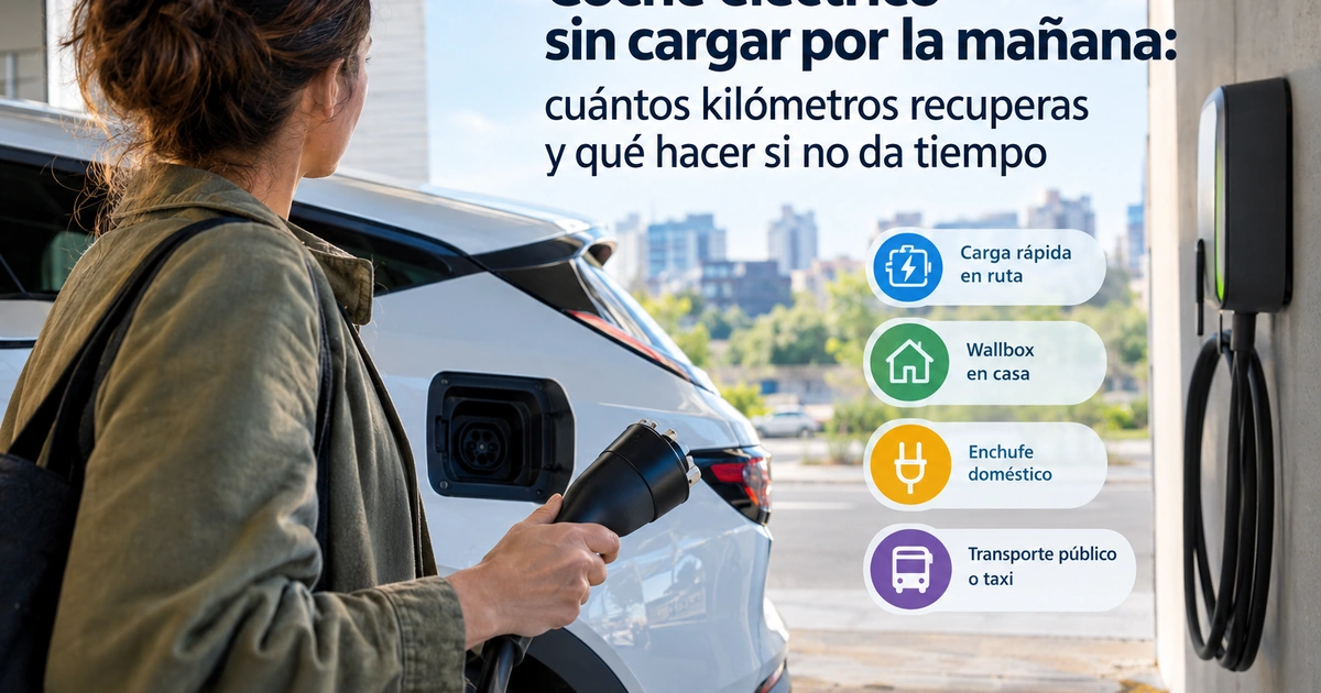 Coche eléctrico compacto aparcado a primera hora de la mañana en un garaje comunitario, con el cable de la wallbox colgado en la pared sin conectar