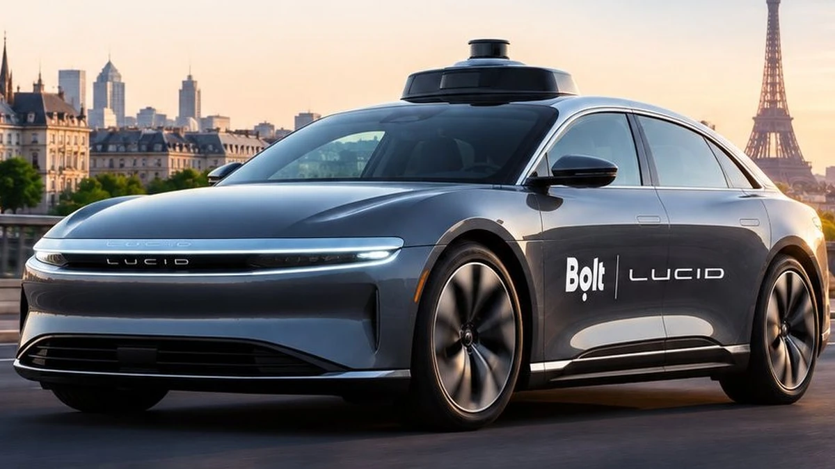 Coche eléctrico de Lucid con los logotipos de Bolt y sensores de conducción autónoma en el techo, en la imagen con la que Lucid presentó la alianza para llevar taxis autónomos a Europa