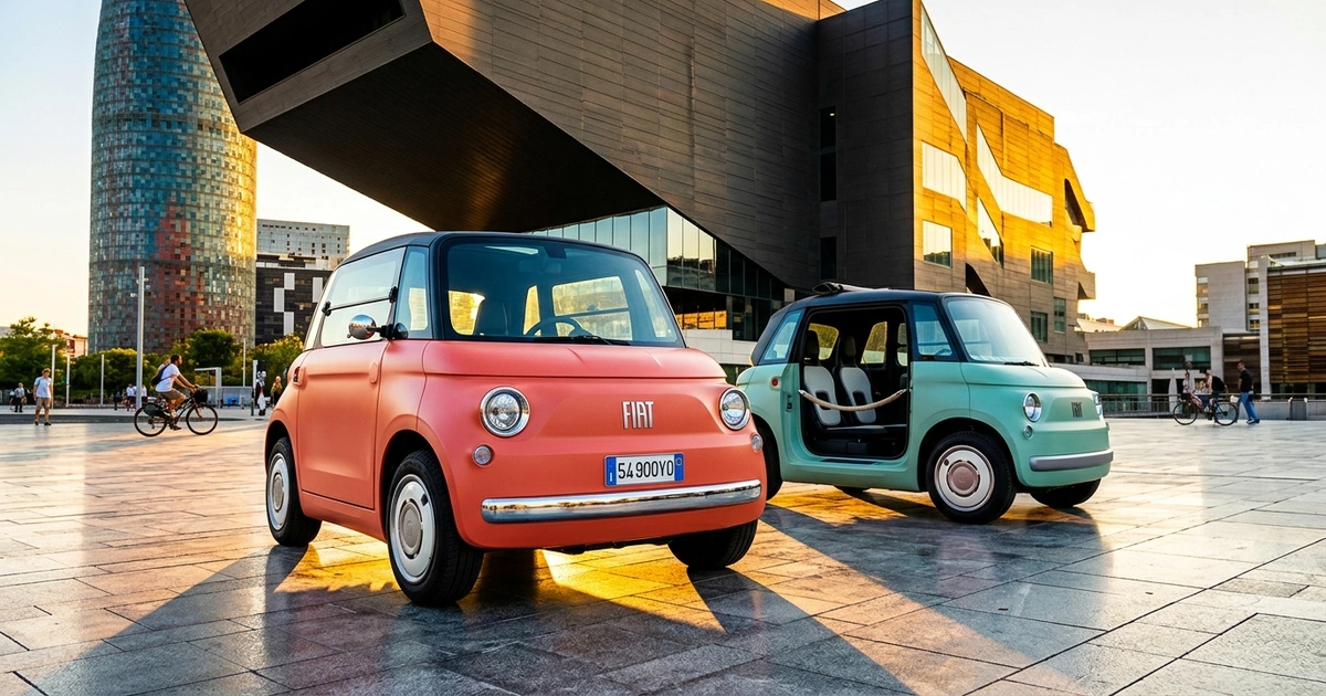 Fiat Topolino eléctrico de color coral con matrícula española aparcado frente al Museu del Disseny de Barcelona, con su fachada de metal en voladizo al atardecer