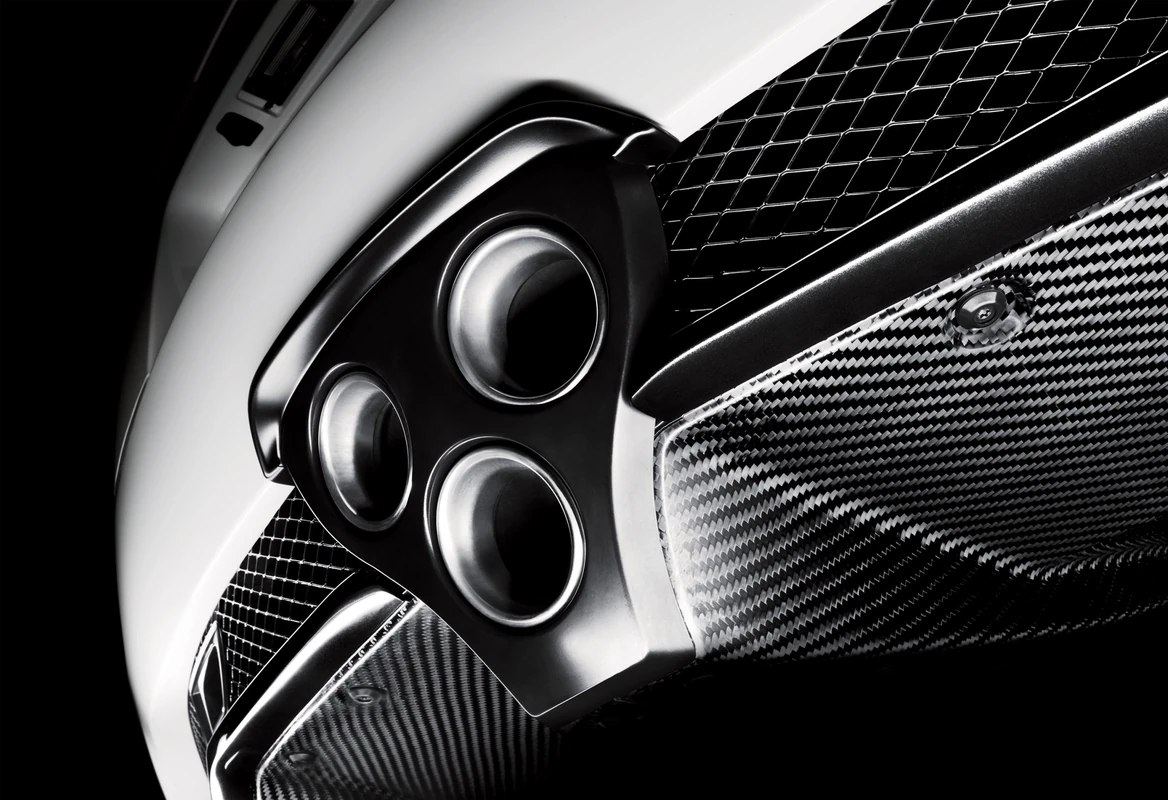 Detail of the Lexus LFA V10 exhaust system, developed in collaboration between Lexus and Yamaha to optimize the engine's acoustics and sound character.